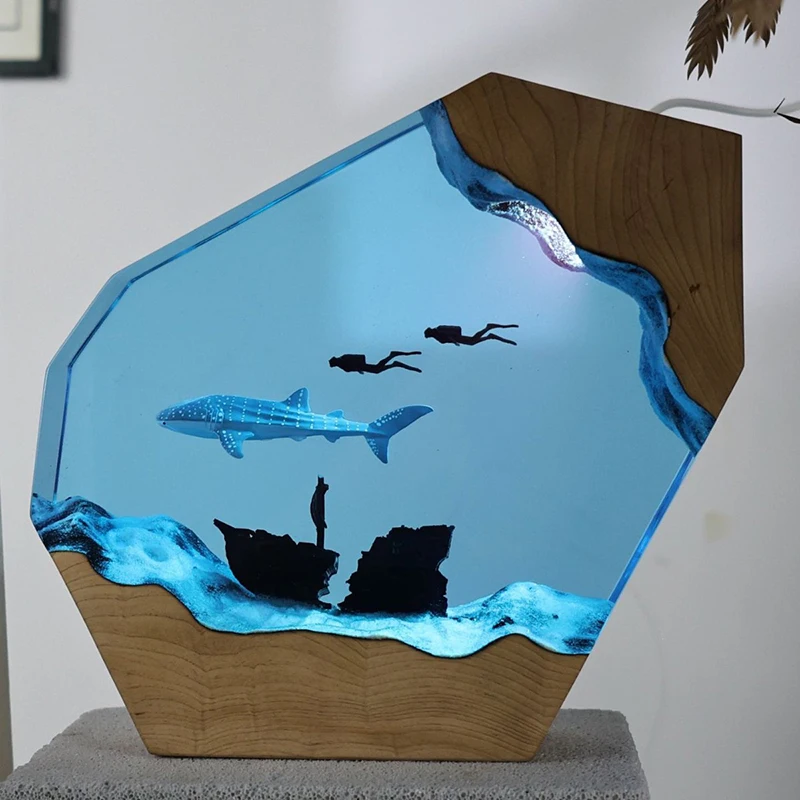 Organism Resin Table Light Whale Divers Figure Creactive Art Decoration Ocean Scence Night Light  USB Charge