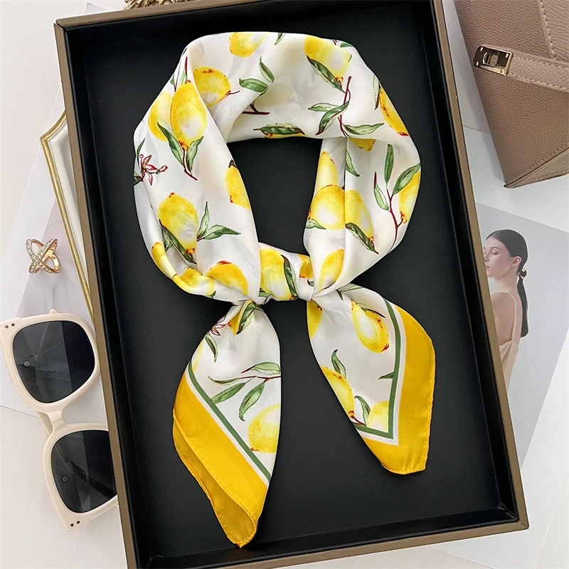 

70cm Square Lemon Print Yellow Square Silk Scarf Casual Elegant Thin Breathable Neck Women Windproof Head Wrap Hair Scarves