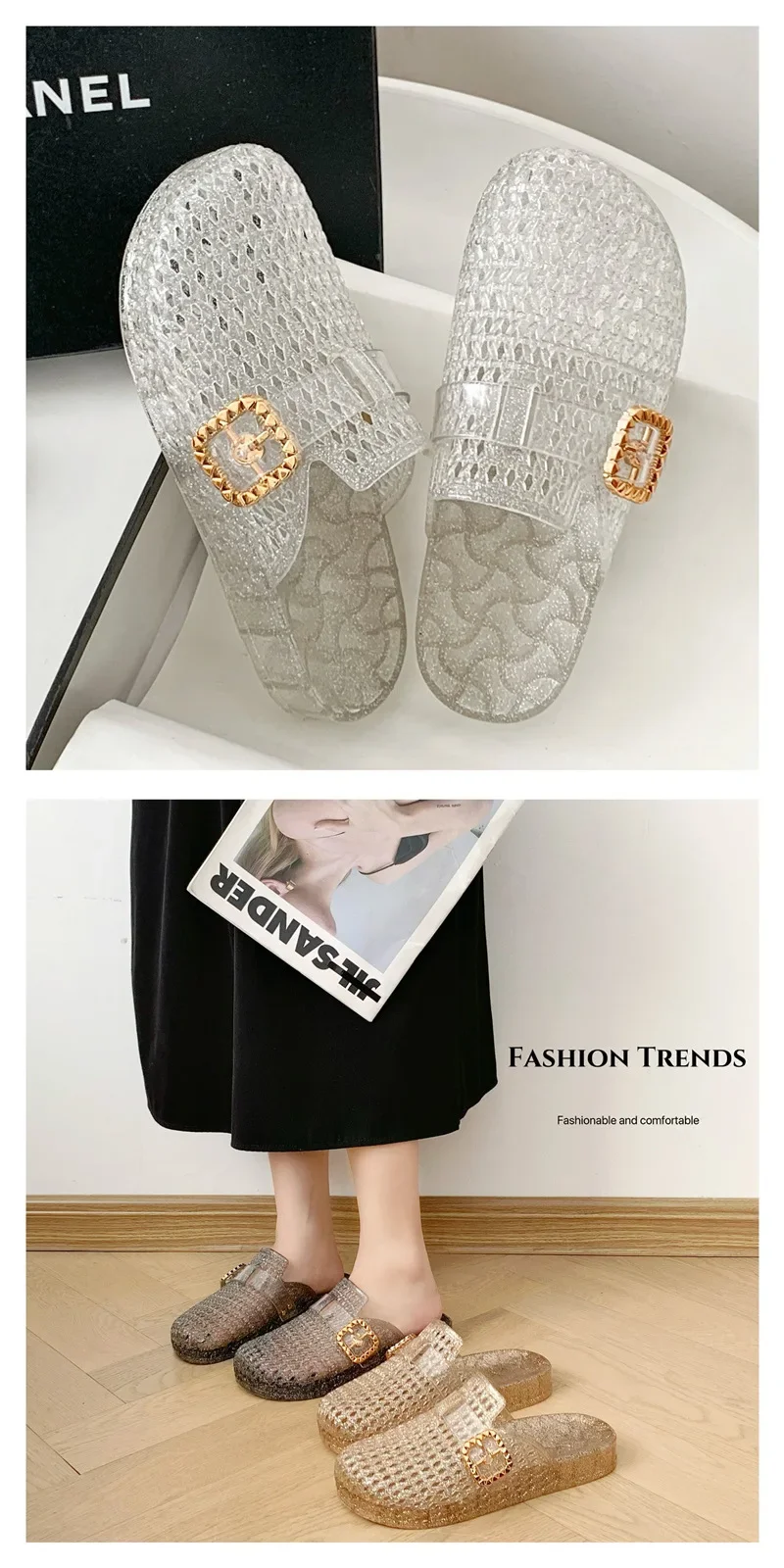 2026 Damen Jelly-Kristall-Pantoletten mit offener Zehenpartie, neuer Sommerstil, modische Damen-Strandsandalen, hohles Design, rutschfest. – Detail 6