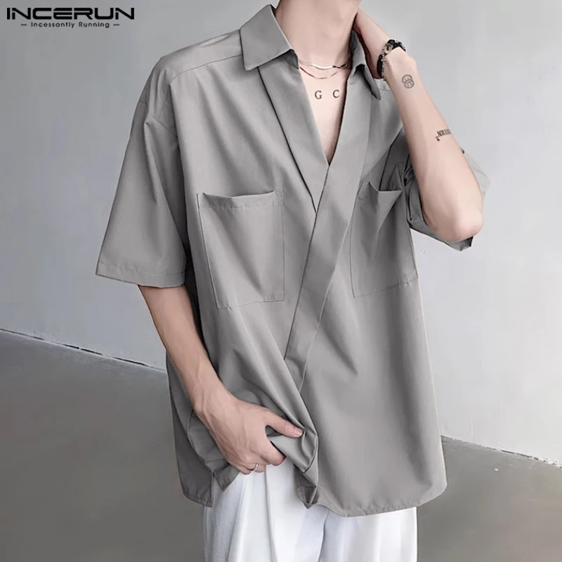 

Stylish Well Fitting Tops INCERUN New Men's V-neck Pocket Design Solid Simple Blouse Casual Male Loose Short Sleeved Shirt S-5XL