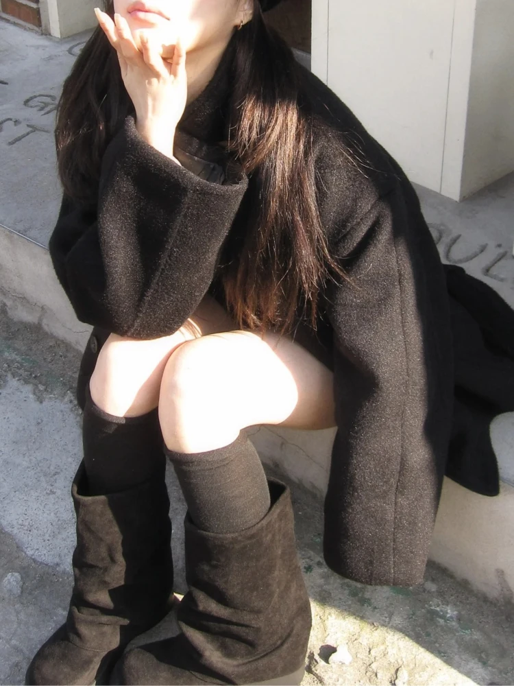 Französischer einzigartiger Vintage-Wollmantel für Damen, lockerer Stehkragen, Krawattengürtel, lange Jacke, einfarbig, elegante Büro-Casual-Oberbekleidung