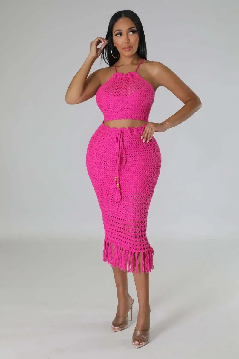 

GUWU Beach Knit See Though Женский комплект из двух предметов, укороченный топ с лямкой на шее и юбка-миди с кисточками, костюм, комплект летнего платья