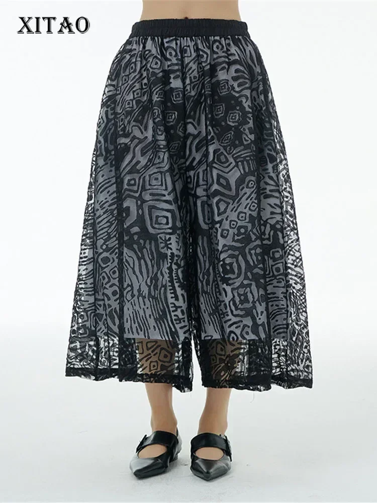 

XITAO Perspective Wide Leg Pants Fashion Elastic Waist Print Pattern Pleated Goddess Fan Casual Style 2025 Pants WMD6824