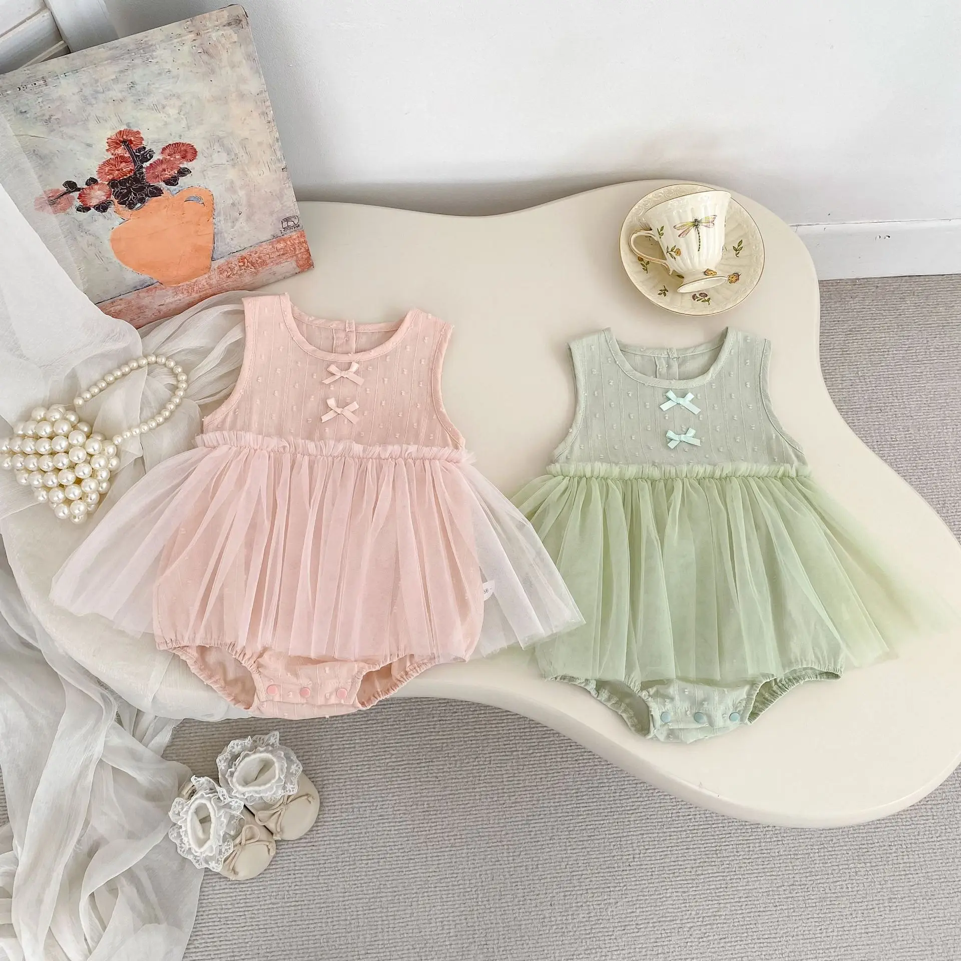 2026 Summer Baby Girls' Mesh Sleeveless Vest Bag Butt Skirt Western Princess Skirt Crawler Dress