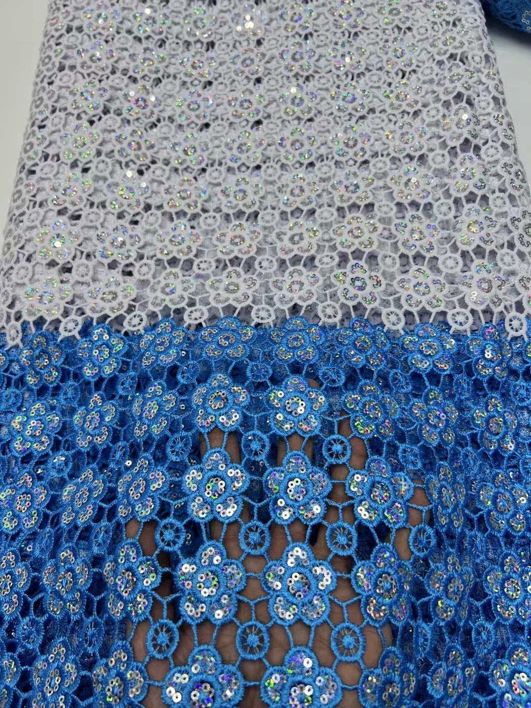 Latest Sky Blue White Water Soluble Lace Fabric Sequins African Nigerian French Guipure Cord Lace Fabric For Women Dress LR25113