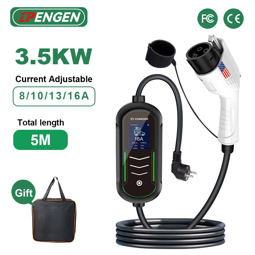 

IPENGEN 3,5 кВт Зарядное устройство для электромобилей Портативное зарядное устройство для электромобилей Type1 16A SAE J1772 Зарядка EVSE Длина 5 м Регулируемый ток