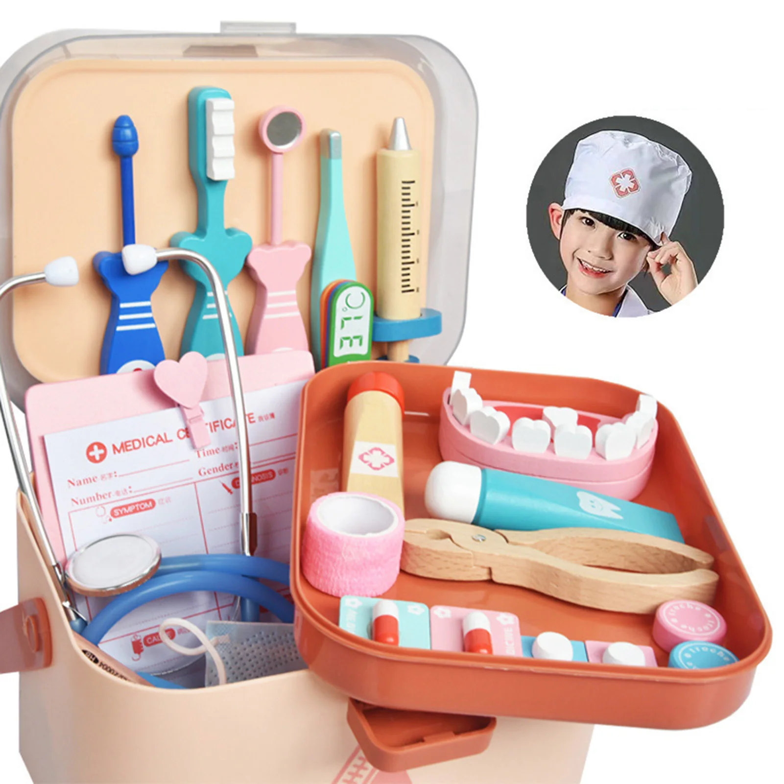 Set di giocattoli da dottore in legno per bambini simulazione famiglia medico infermiere Kit medico giocattolo giochi di imitazione Kit da dentista accessori giocattolo per bambini