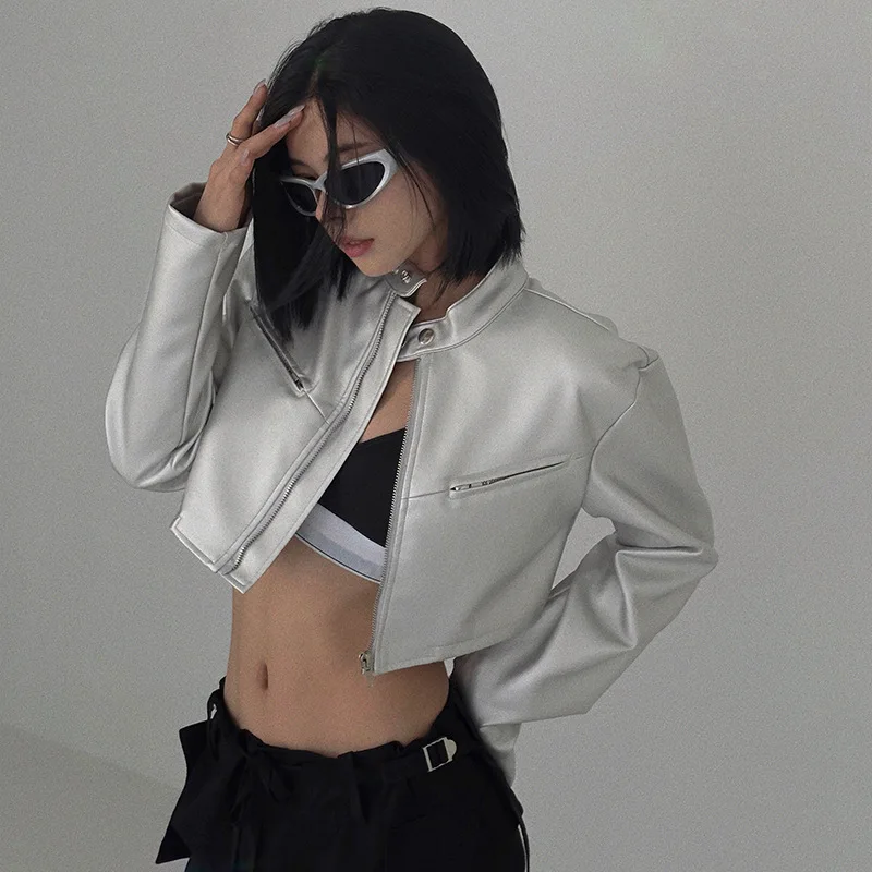 Silver Zipper Stand Collar ort Leather Jaet Women's Slim Fit Belly Baring Versatile Outerwear Street Sle Hot Girl