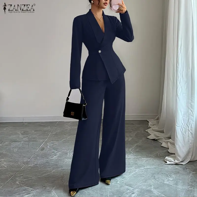 

Elegant Women OL Work Pant Sets 2026 ZANZEA Spring Office Outfits Long Sleeve Blazer Trousers Suit Solid Tracksuit 2 Pieces Sets