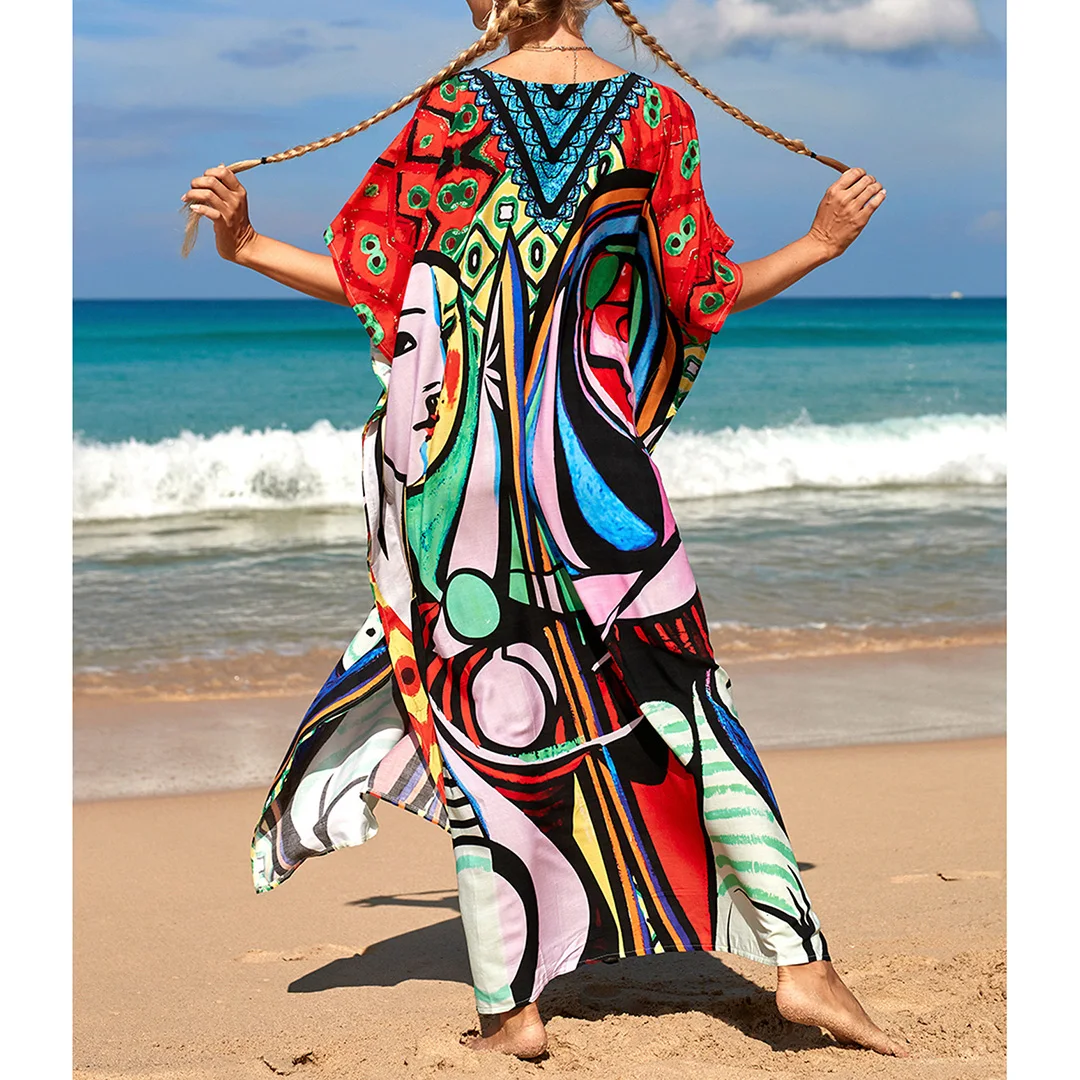 2026 Neues Buntes Kaftan-Tunika Strandkleid Strandmode Strandüberwurf Locker Sitzendes Maxikleid für Damen V4428 – Detail 15