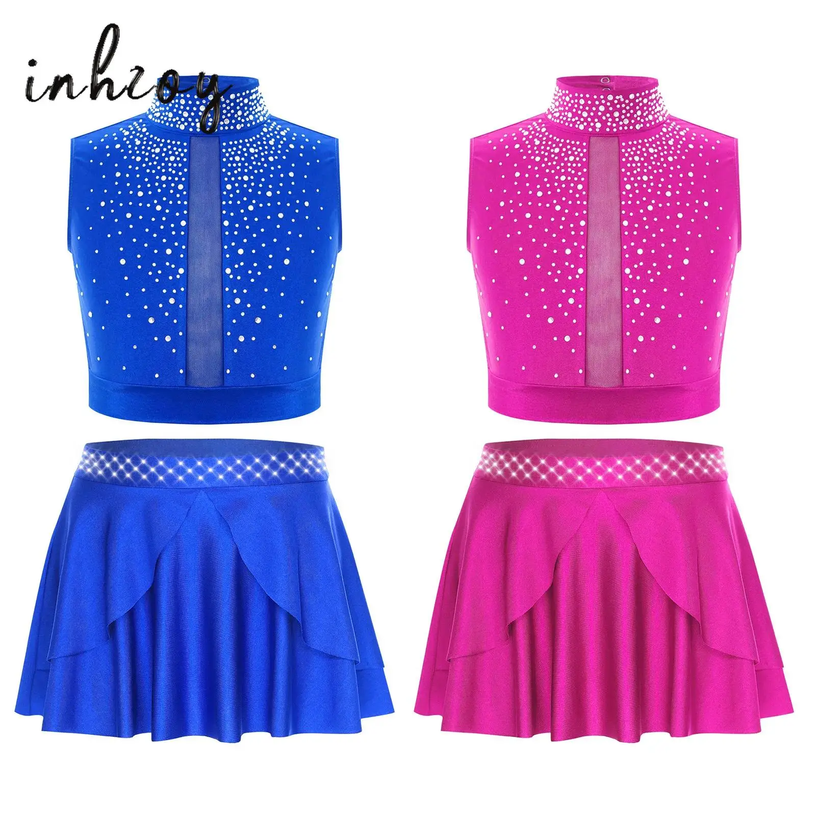 

Kids Girls Modern Lyrical Dance Outfit Shiny Rhinestones Crop Top+Skirts for Ballroom Latin Ballet Dance Gymnastics Performance