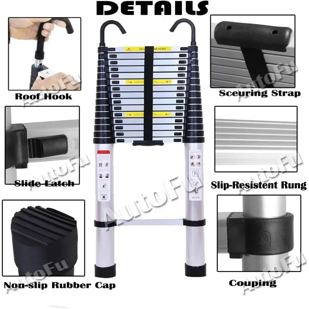 6.2M 20.3ft Aluminum Telescoping Ladder DIY Heavy Duty Extension Ladder with Roof Hook Kit Loft Folding Portable Ladder Max