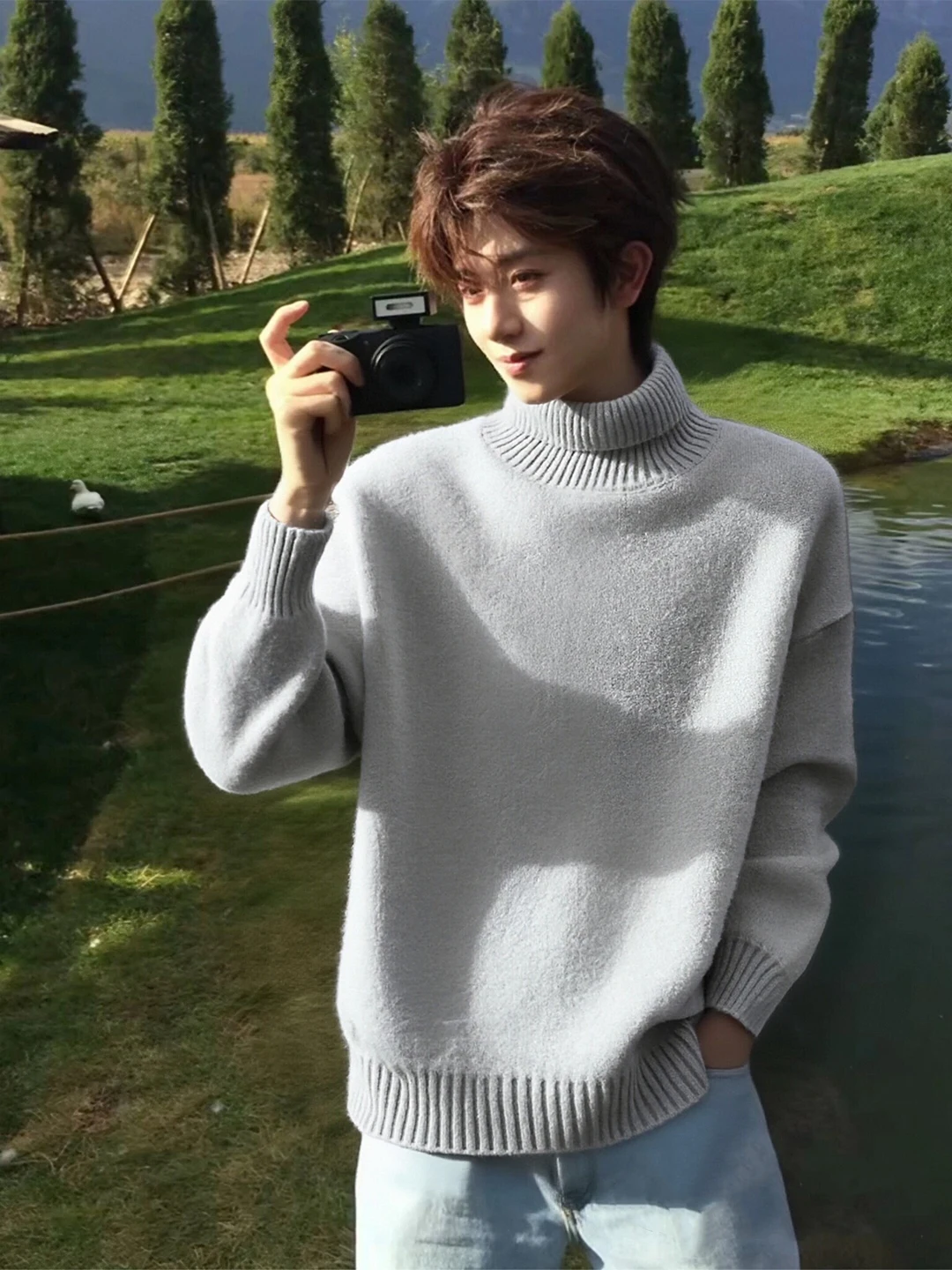 

Мужской вязаный свитер в корейском стиле, утепленный, с высоким воротником, зимний базовый слой, не скатывается, для ношения под одеждой