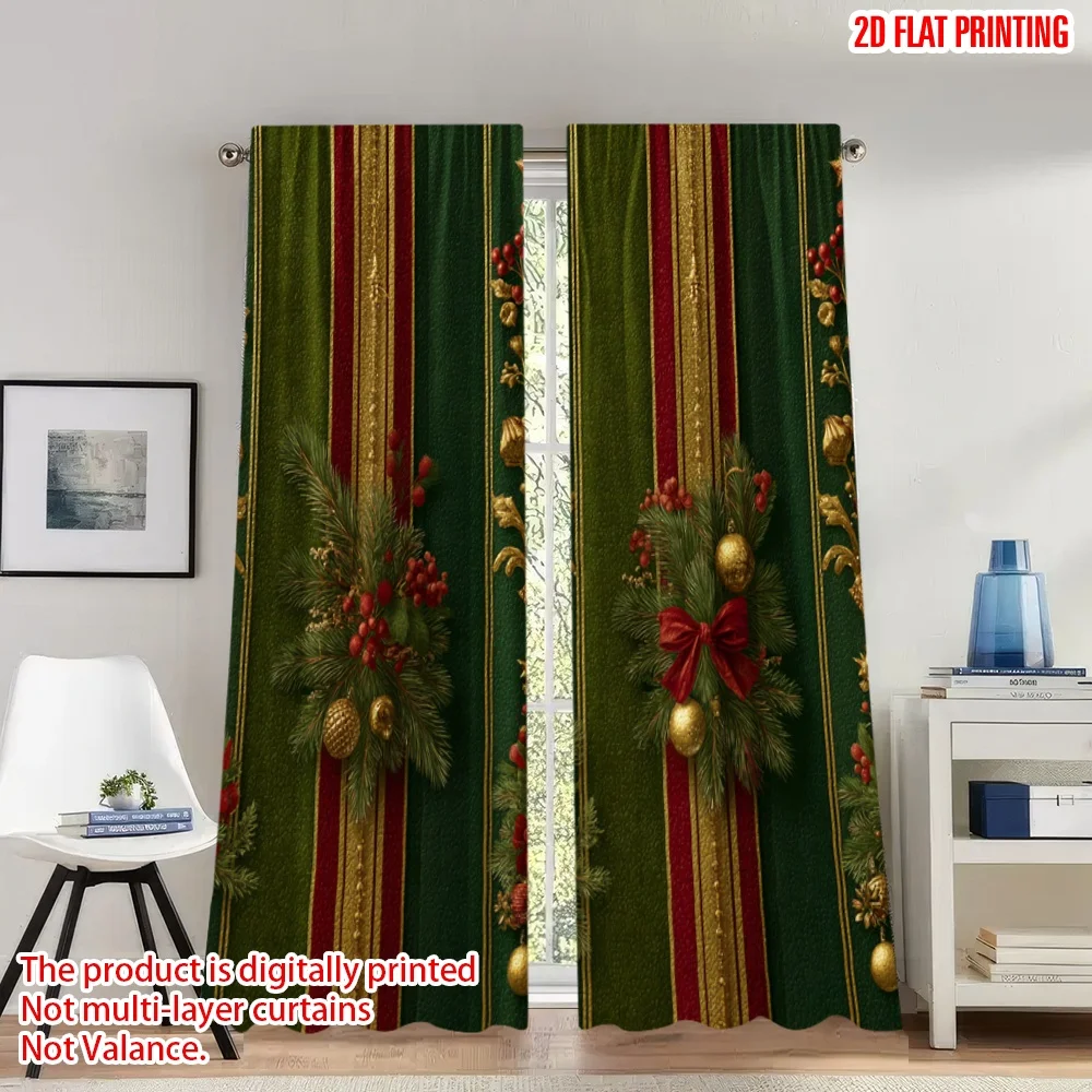 

2pcs 2D flat printing Fashionable Christmas Curtains Christmas Pine Branches Ornaments Digital Printed Polyester Drapes Holiday