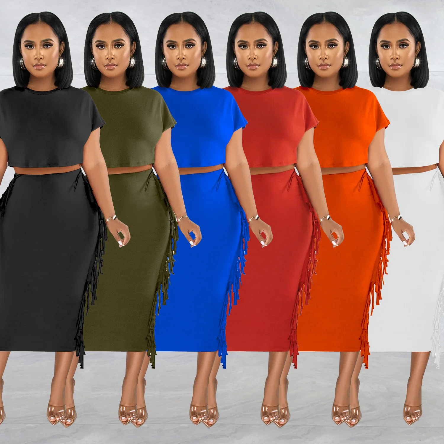 

Женский однотонный топ с кисточками и круглым вырезом, короткими рукавами, повседневная длинная юбка, комплект из двух предметов на лето 2025 г.