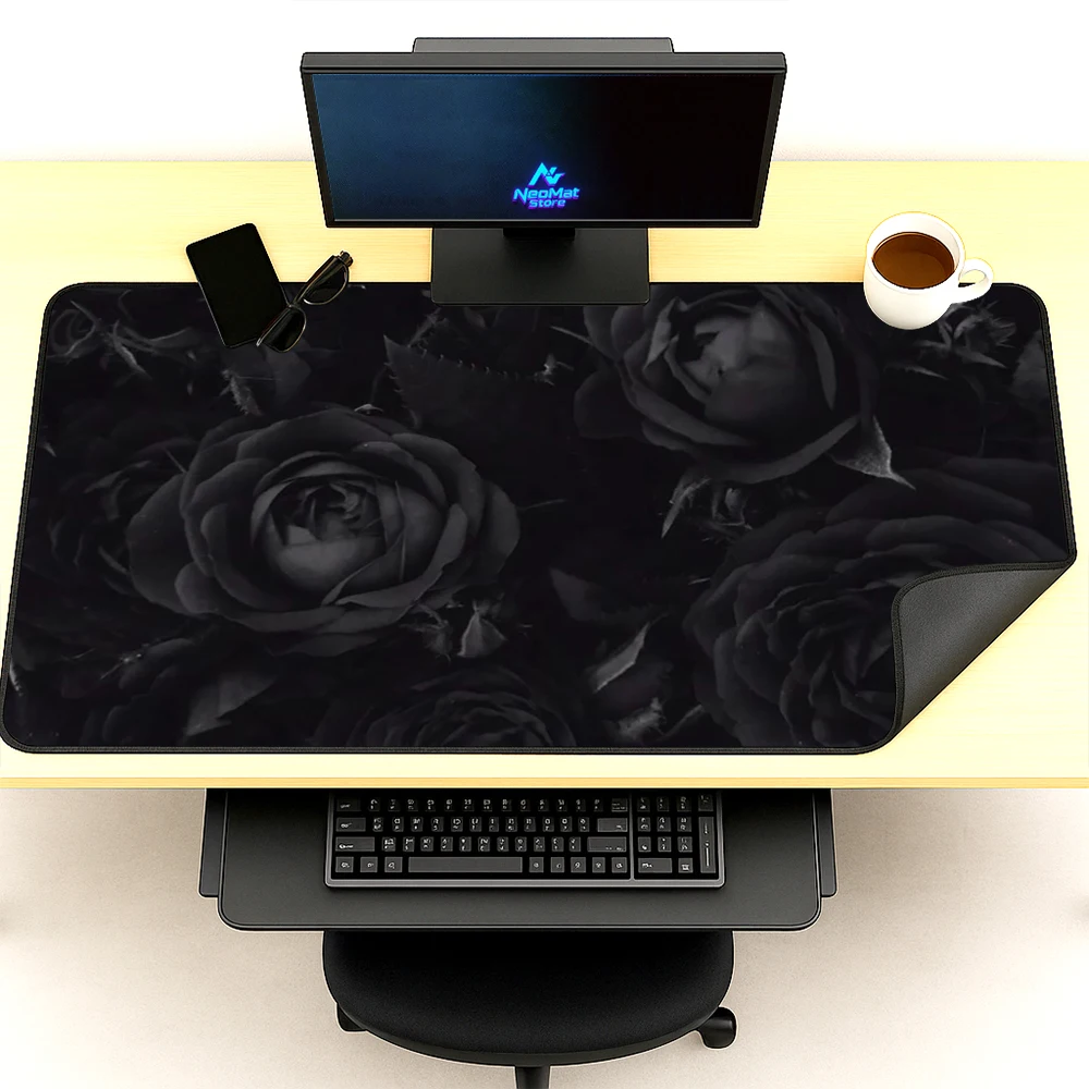Gothic Floral Mousemat Desktop Mat 140x60 Gaming Nonslip Extra Large Mousepad Rose Black Computer Accessories Deskmat
