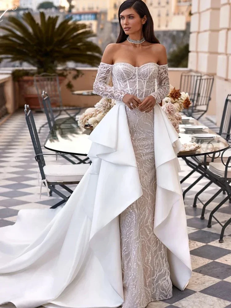 Luxurious Mermaid  Detachable 2 In 1 Wedding Dress Soft Satin With Beading Ball Gown Boat Neck Full Sleeve Bridal Dress Zipper