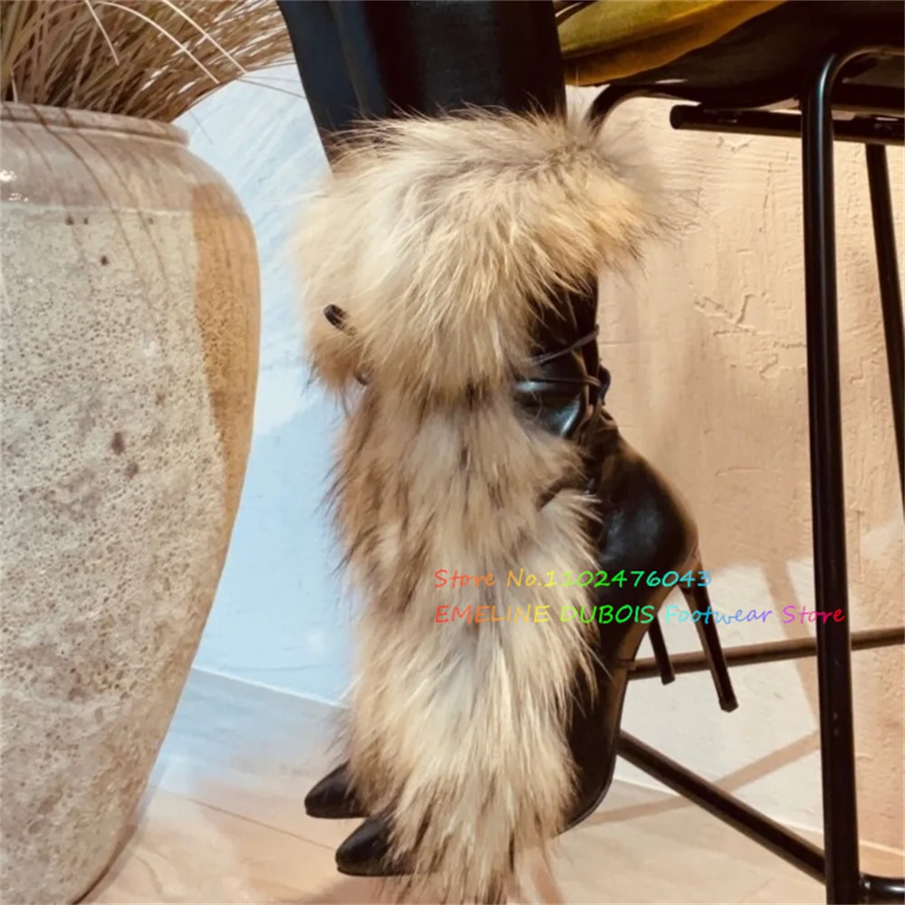 

Fur Pointed Toe Black Leather Mid Calf Boots Women Sexy Thin High Heels Short Boot Big Size Lady Winter New Designer Shoes