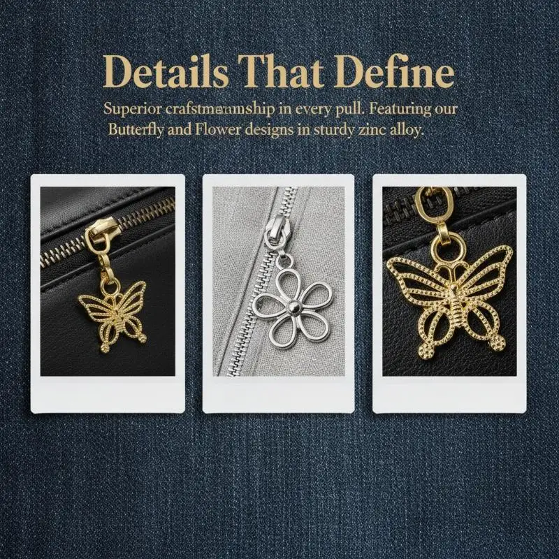 Zinc Alloy Butterfly Flower Zipper Slider Sturdy Zip Puller Head Ideal Gift for Sewing Enthusiasts Bag Jacket Repair Accessory