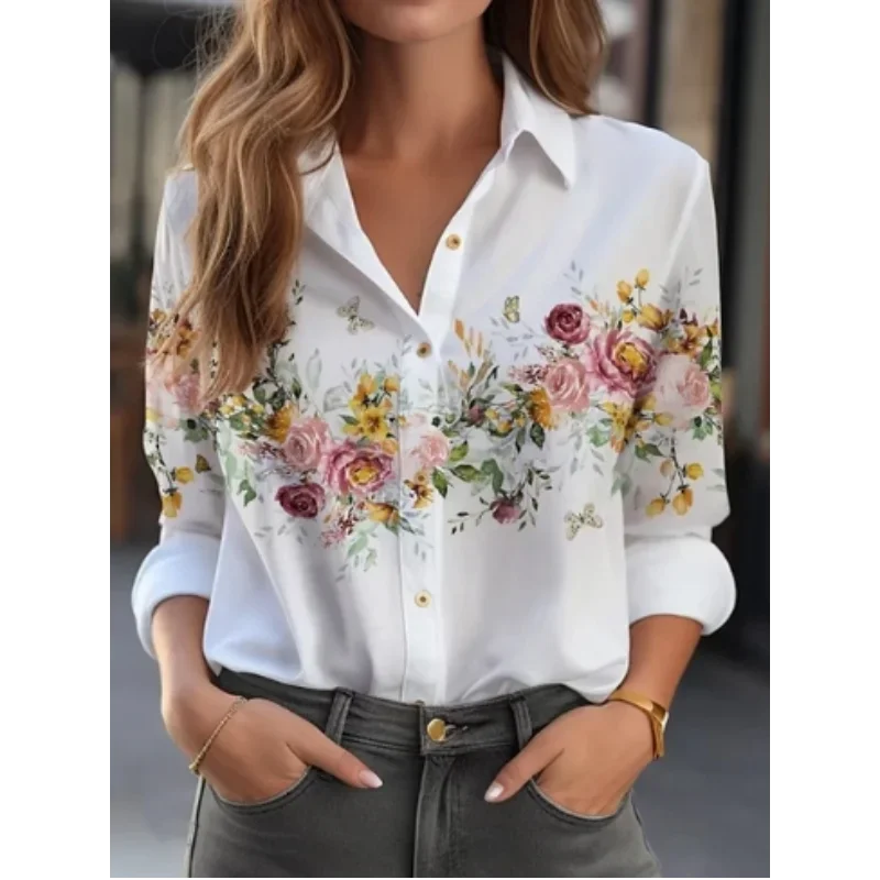 2024 New Autumn Tops Fashion Elegant Women\'s White Floral Shirts Commuter Casual Long Sleeve Office Ladies Blouses