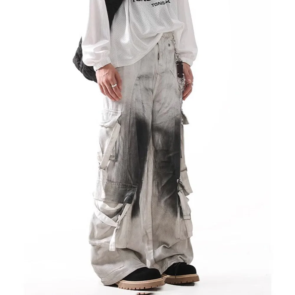 夏の新メンズコントラストカラーだぶだぶのジーンズマルチポケットオーバーオールレトロファッションカジュアルトレンドハイストリートヒップホップメンズボトムス
