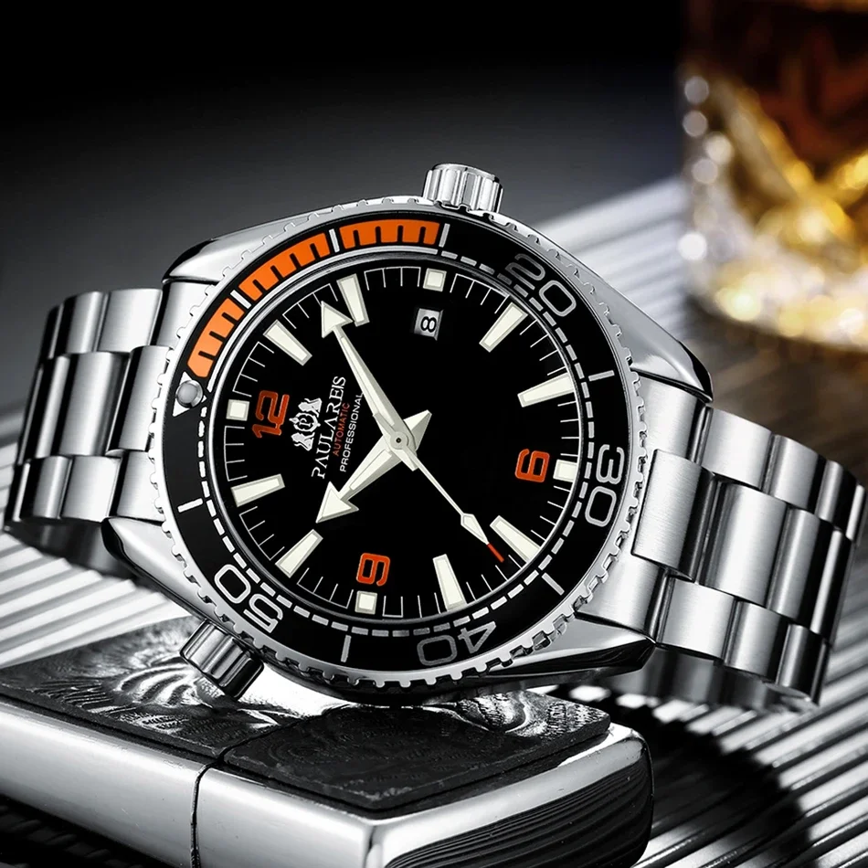 Automatic Mechanical Watch Luminous Solid Stainless Steel Strap Orange Blue Red Luxury 45mm Men Fashion Wristwatch - view 3