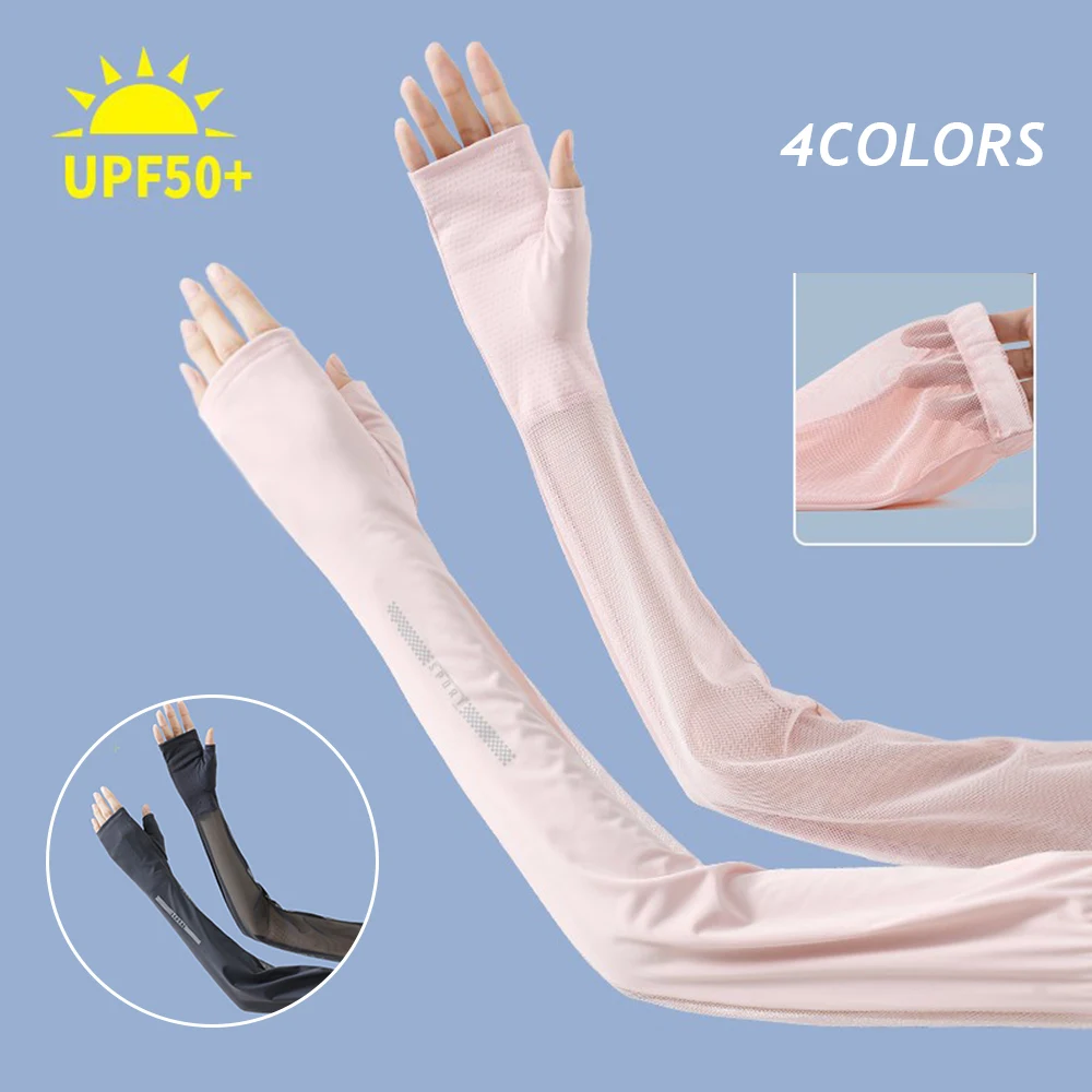 New Women Ice Silk Mesh Arm Sleeves Solid Color Breathable Elastic Sunscreen Arm Warmer Outdoor Sports Cycling Driving Gloves