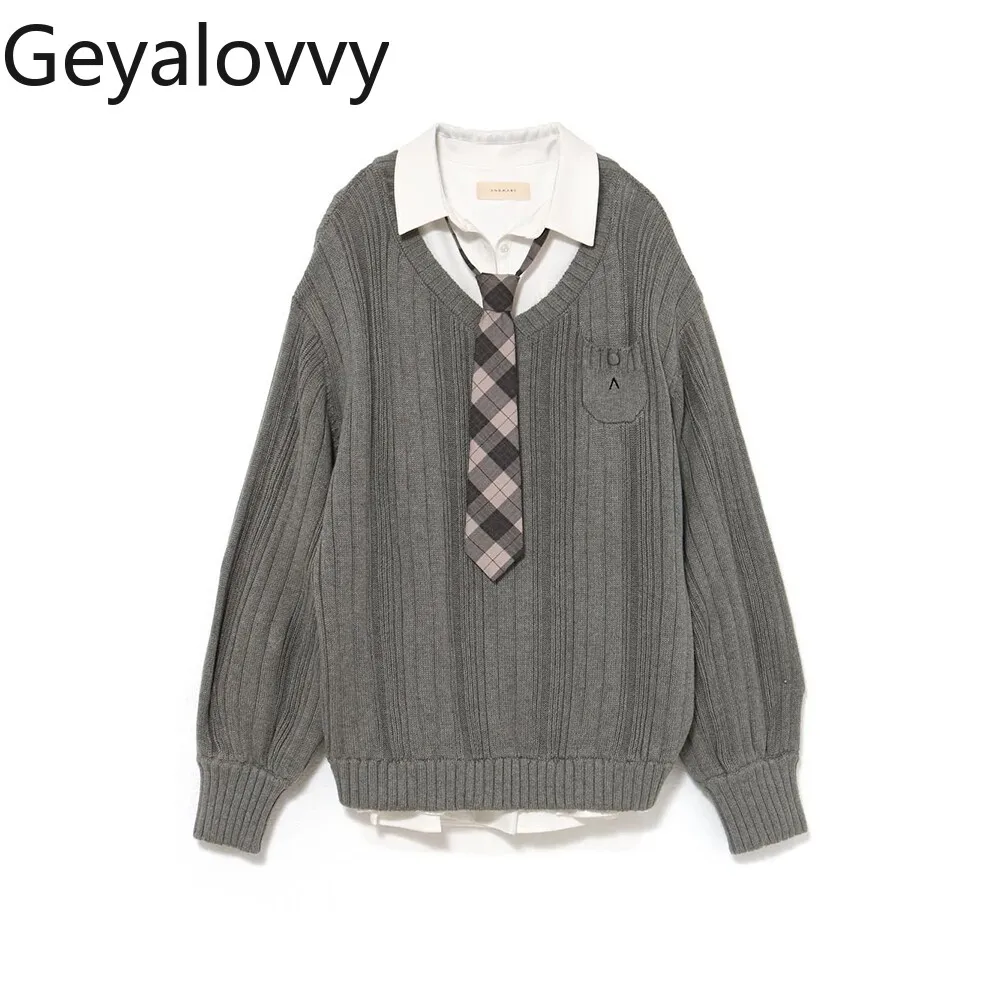 

Japanese Style Sweet Girl Fashion Versatile Long Sleeves Shirt Dress and Loose V-neck Sweater Pullover + Tie Three-piece Set