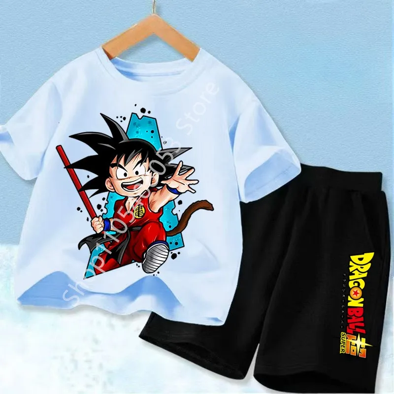 2026 Anime Cool Goku Dragon Ball Z Boys CosPlay Short Sleeve Shorts with Pocket Beach Pants Breathable T-shirt Kids Suit