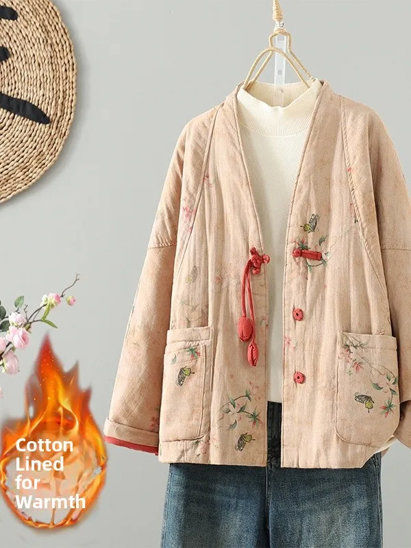 

Floral Print Oversized Women's Cotton Jaet Double ket V-Ne Button-Up Thiened Long Sve Retro Sle Commute Wear