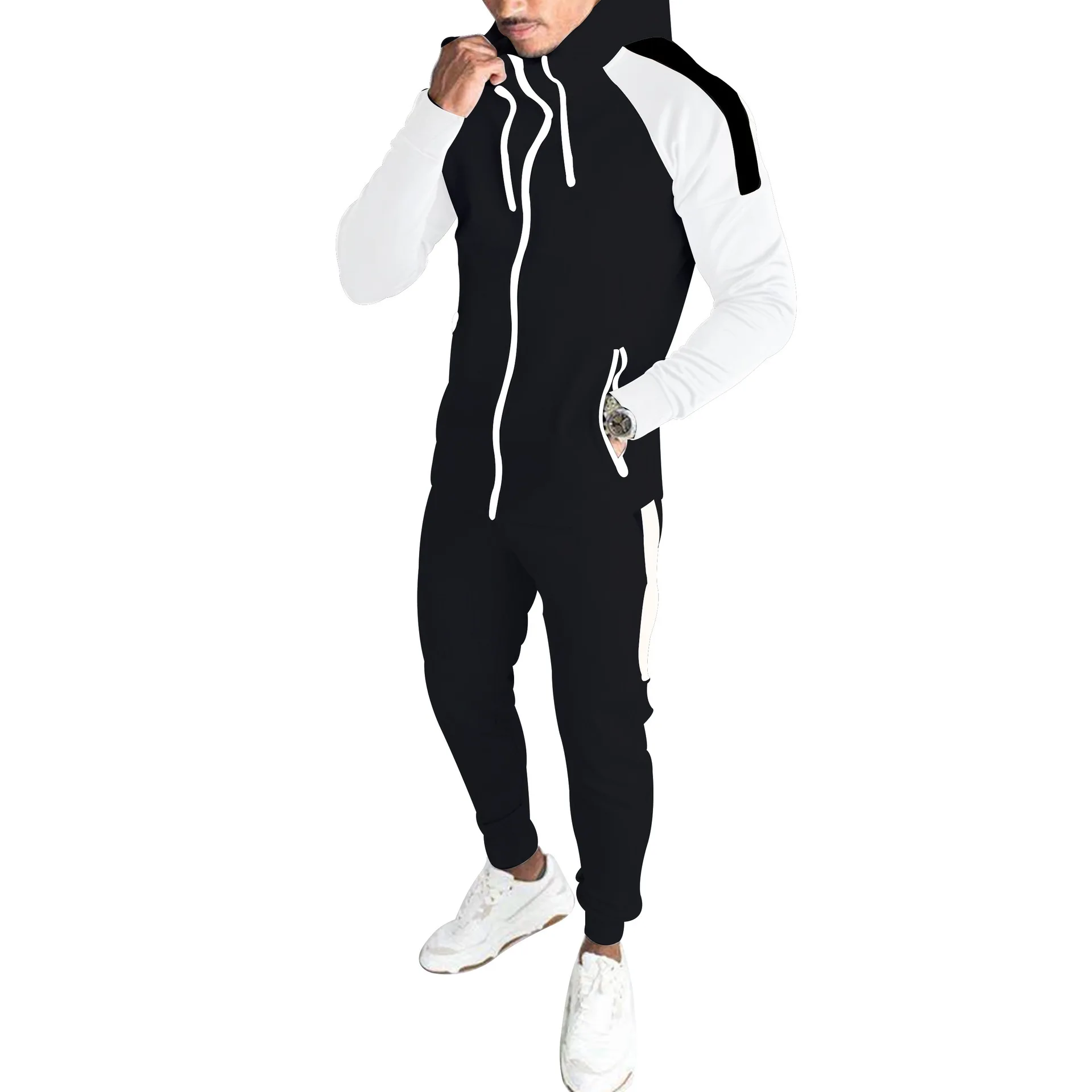 2024 Spring and Autumn New Men\'s Fashion Casual Color blocked Cardigan Zipper Hoodie Set Sports Running Two Piece Set