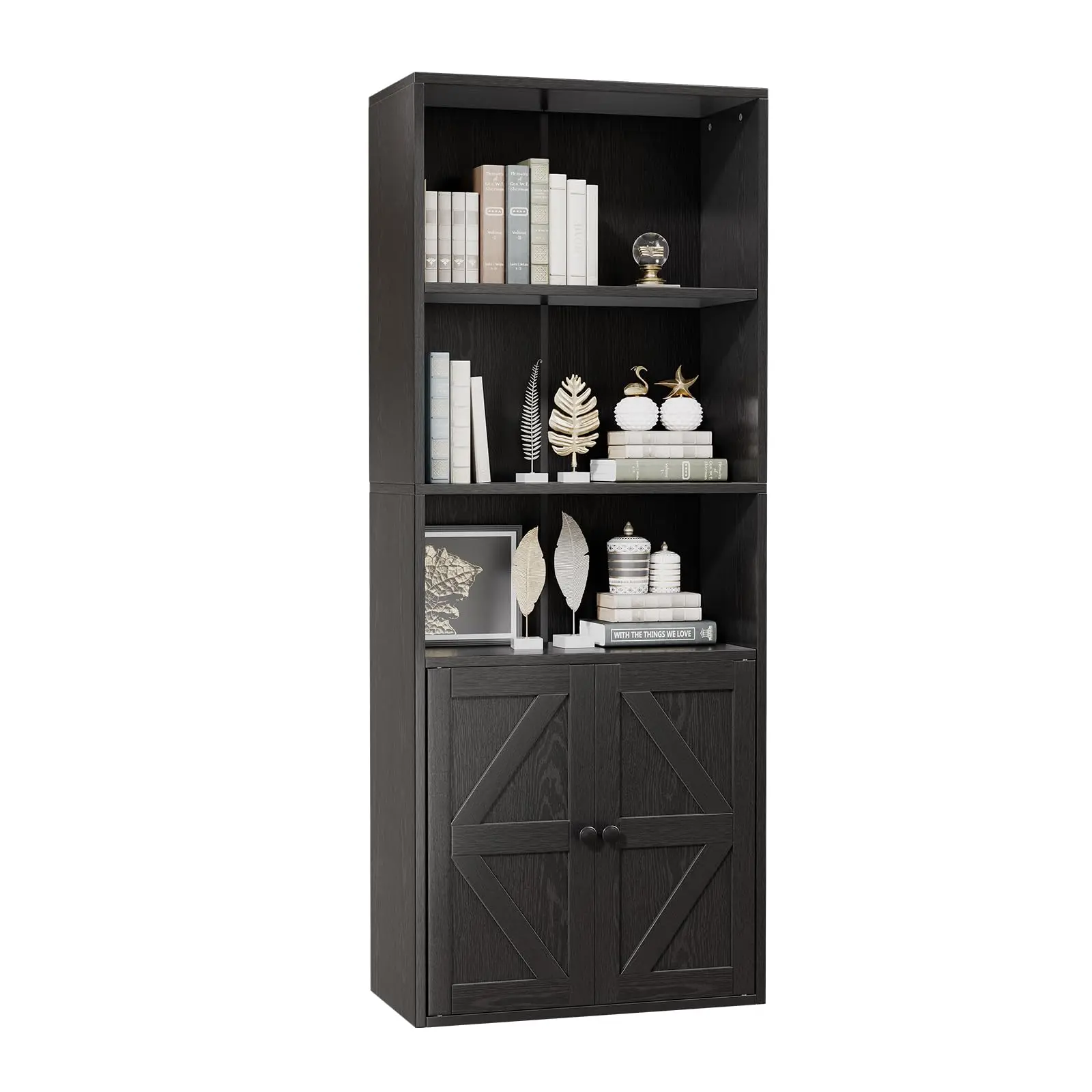 Bookshelf and Bookcase with Doors, 5 Tier Double Wide Large Book Shelf, Open Display Storage Shelves with