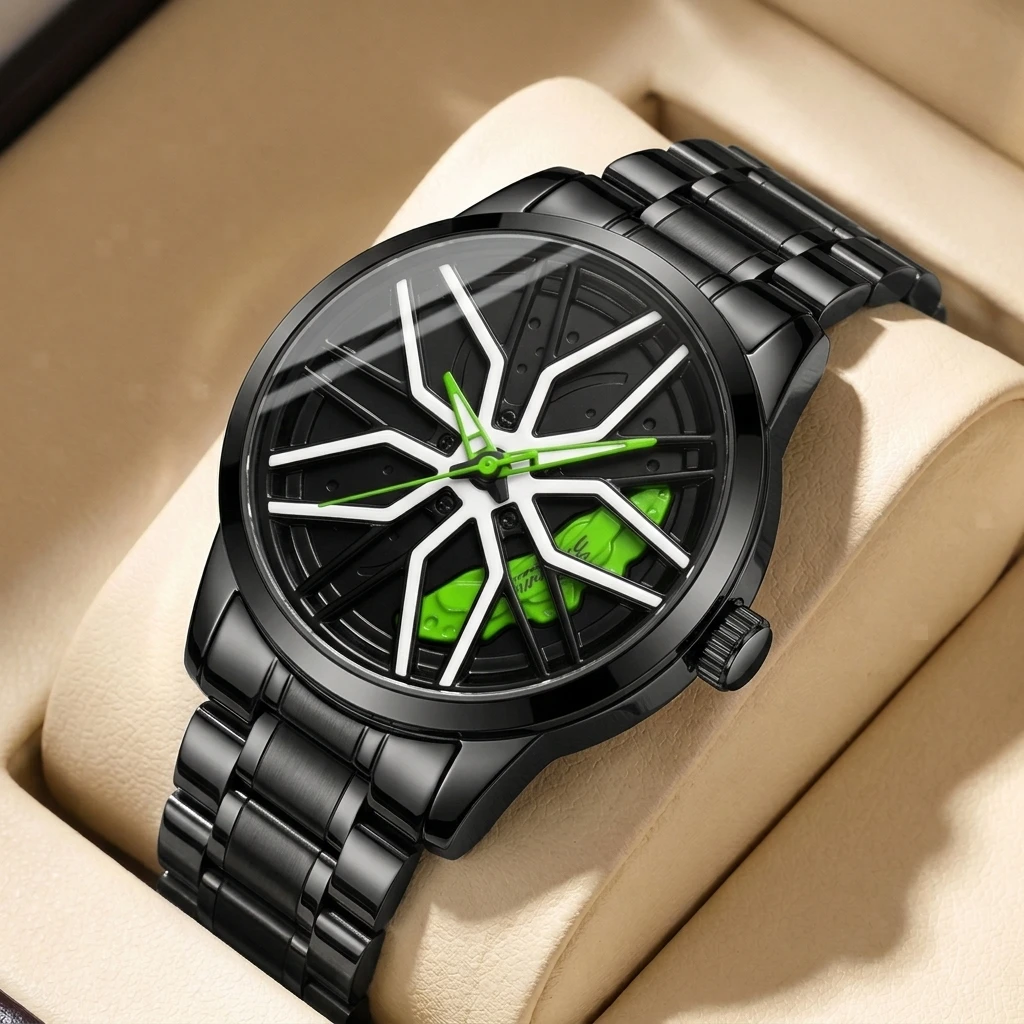 1pc Fashionable Personality Watch with Black Metal Strap, Creative Dial with Green Elements, Unisex