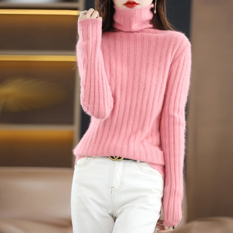 Hollow-out sweater women pile collar knit bottoming sweater pit lazy wind loose outside wearing Joker slim inside.