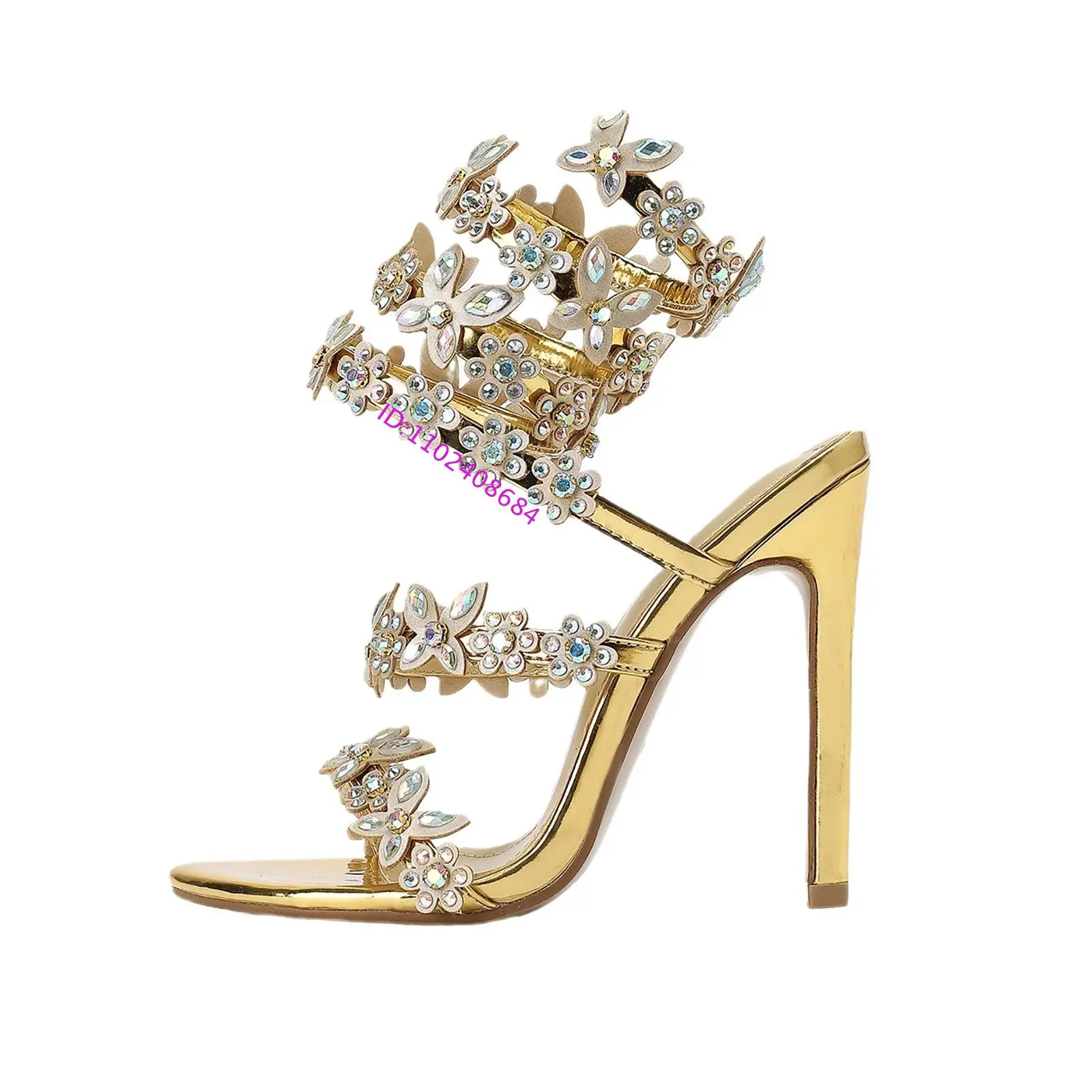 جديد الذهب والفضة 11 سنتيمتر عالية الكعب الزهور الديكور الراين الصنادل تصميم النساء عالية الكعب الزهور عبر كريستال حزام صندل #5