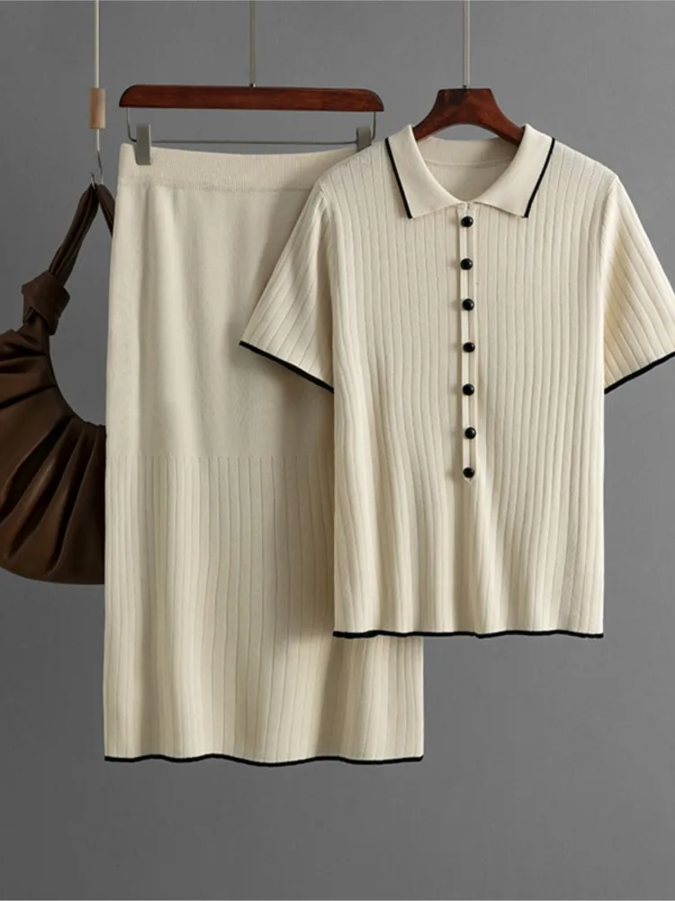 Casual Solid Polo Top Set per le donne Moda T-shirt a maniche corte + Gonne lunghe Set da 2 pezzi Lady 0ffice Vacanza Abbigliamento donna