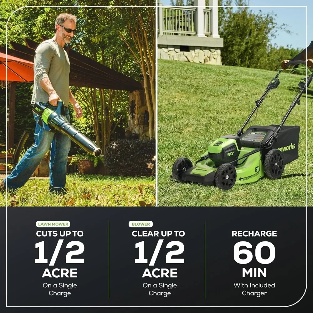 80V 21” Brushless (Self-Propelled) Cordless Electric Lawn Mower + (580 CFM) Axial Leaf Blower (75+ Compatible Tools)