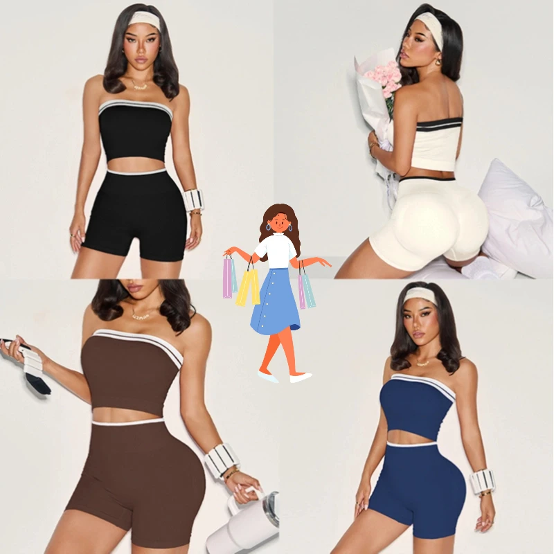 

Women's Top Shorts Contrast White Trim Two Piece Set Tracksuit Outfit Casual Summer Streetwear Bodycon Clubwear Sportswear Gym