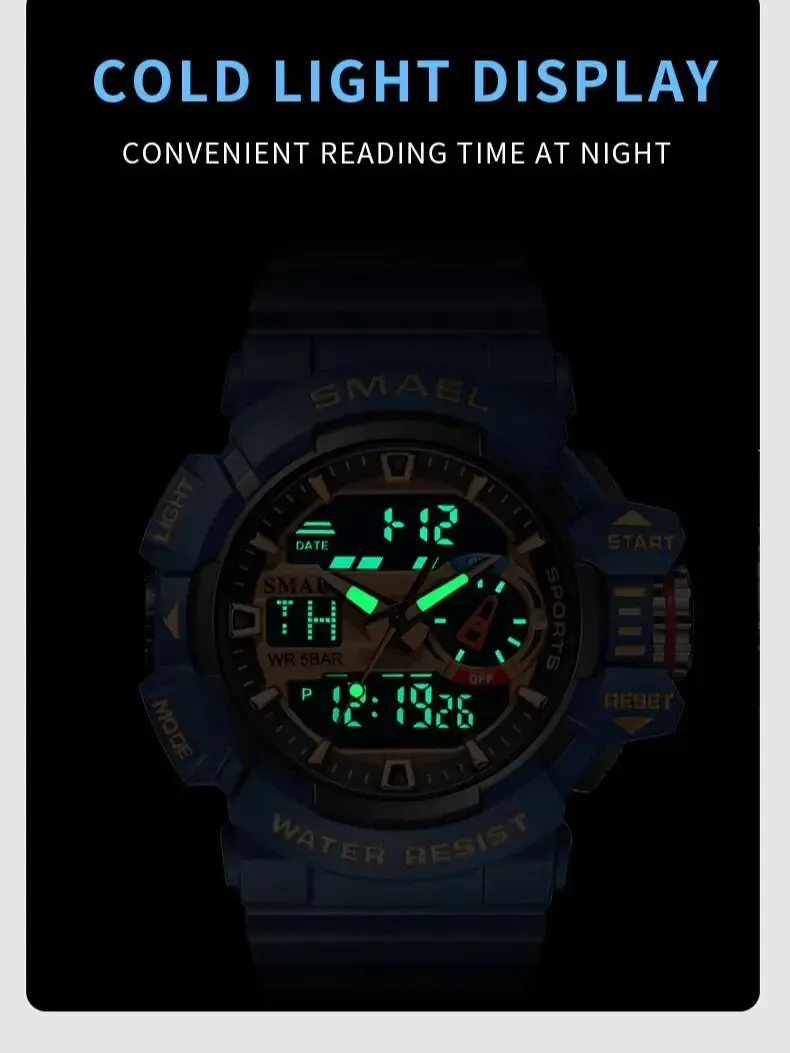 Watch For Men 50M Waterproof Clocks Luminous Hands Digital Wristwatches Black Gold Rubber Bracelet 8043 Sport Watches