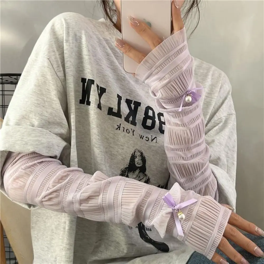 

Pearl Bow Sun Protection Arm Sleeves Ultra Thin Breathable UV Protection Arm Covers Ice Silk Fabric Anti UV Cooling Arm Sleeves