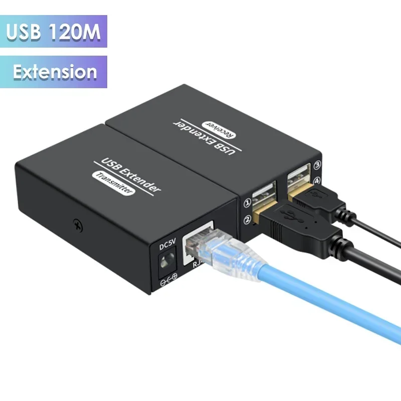 USB Extender Adapter 4 Ports USB 2.0 Hub Over Cat 6E/6 Ethernet UTP Extension RJ45 Network Cable 120M Transmitter and Receiver