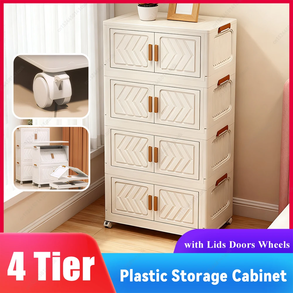

Stackable 4-Tier Plastic Storage Containers with Doors Lockable Wheels Foldable Organizer Cabinet for Home Office Kitchen Organi