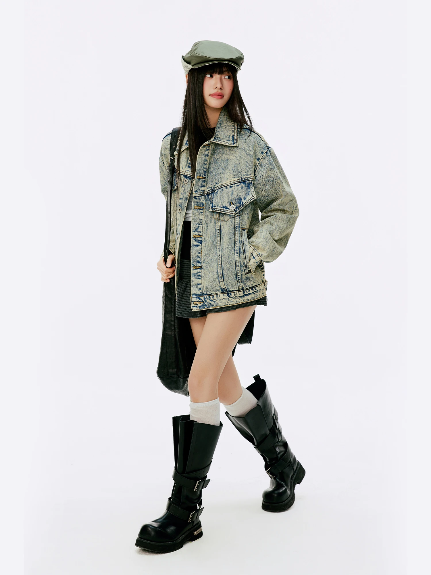 

Burgenland American Retro Waed Denim Jaet Women's Spring Autumn Loose Collar Jaet Top Cotton Polyester Blend Long Sve