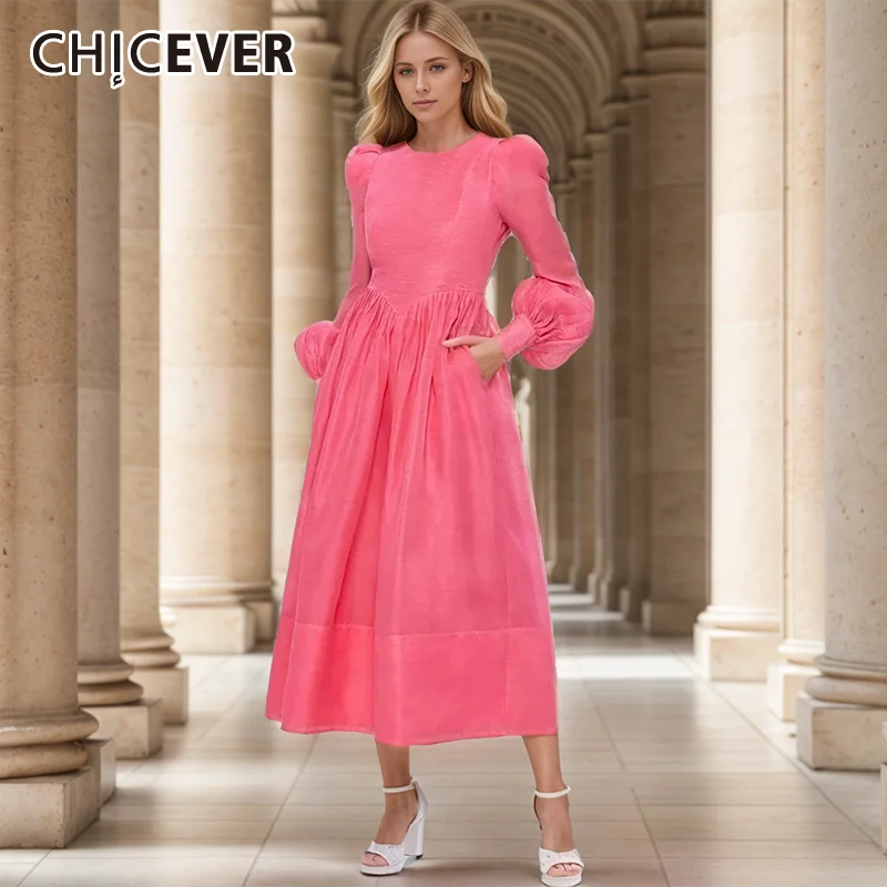 CHICEVER Solidne eleganckie jesienne sukienki dla kobiet O Neck Lantern Sleeve High Waist Spliced Zipper Loose Dress Female Fashion New