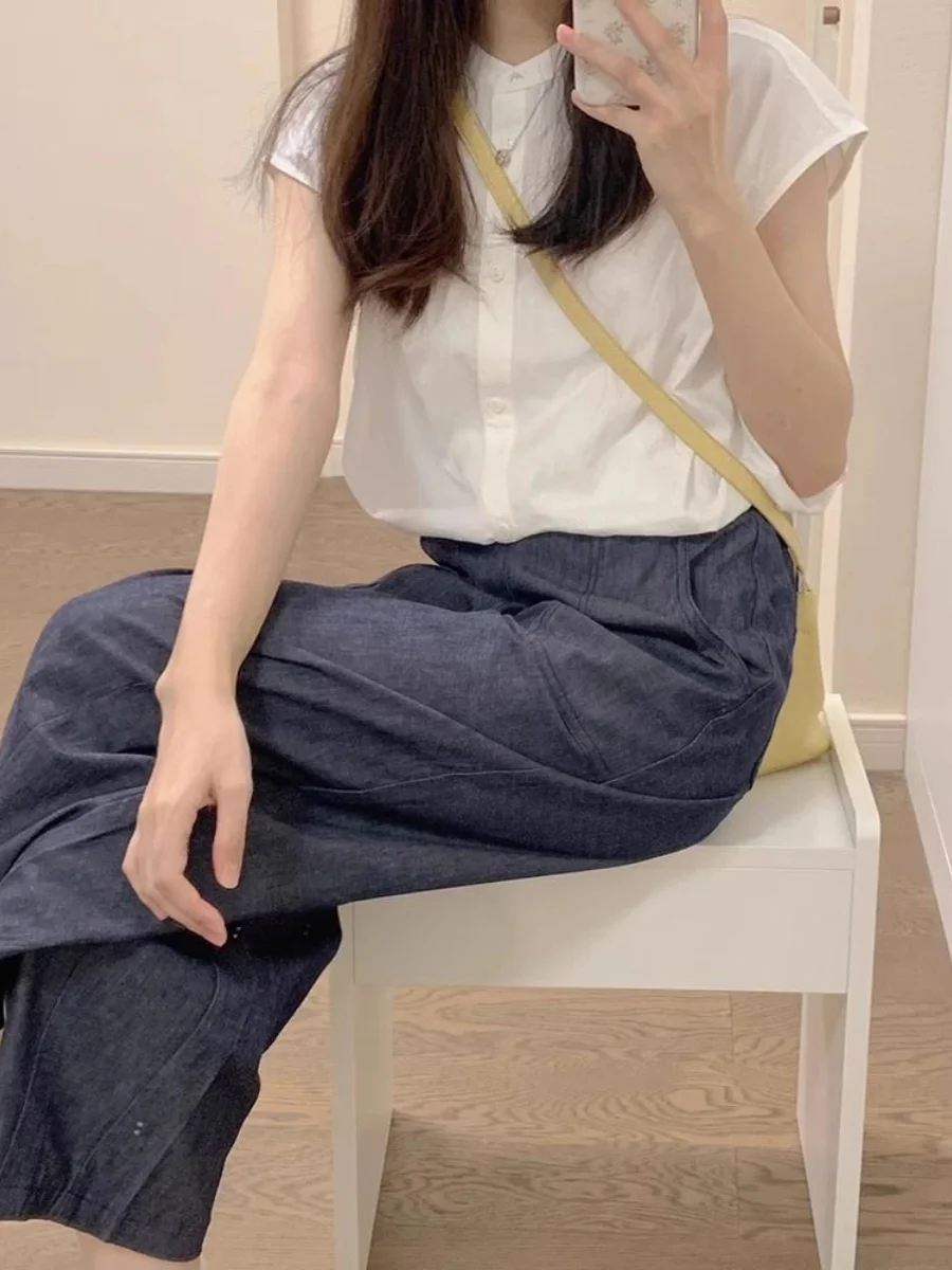 Ele White round Ne ort Sve irt Women's Summer Design Unique Small Fro irt Cotton Linen Blend Button up Top