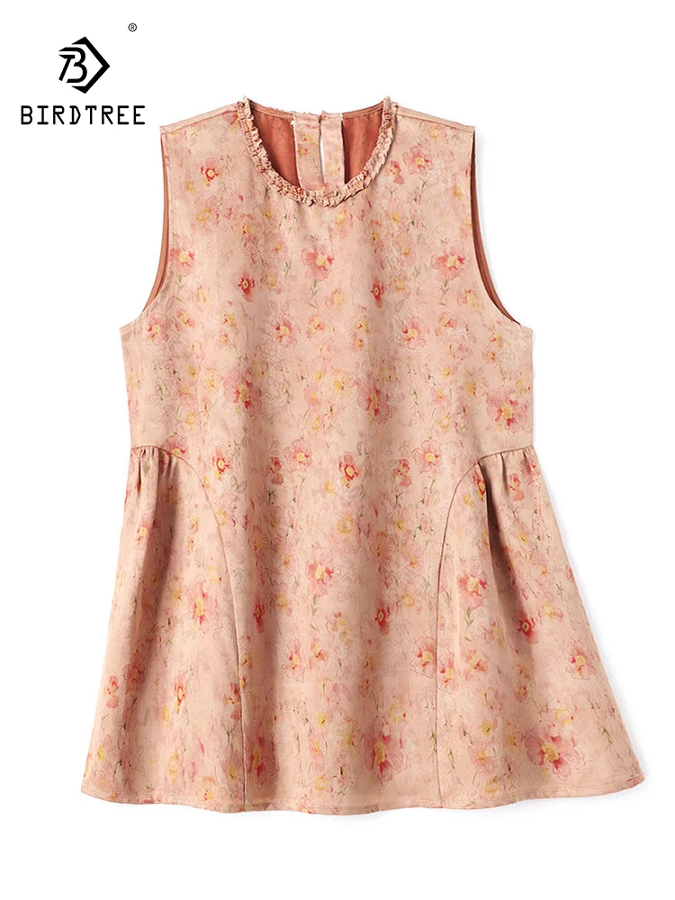 BirdTree-Silk Elegant Vest, O Neck Jacquard Ruffles, Women Sweet Age Reduction Loose Doll Tank Top, 2026 Summer New T661101CC