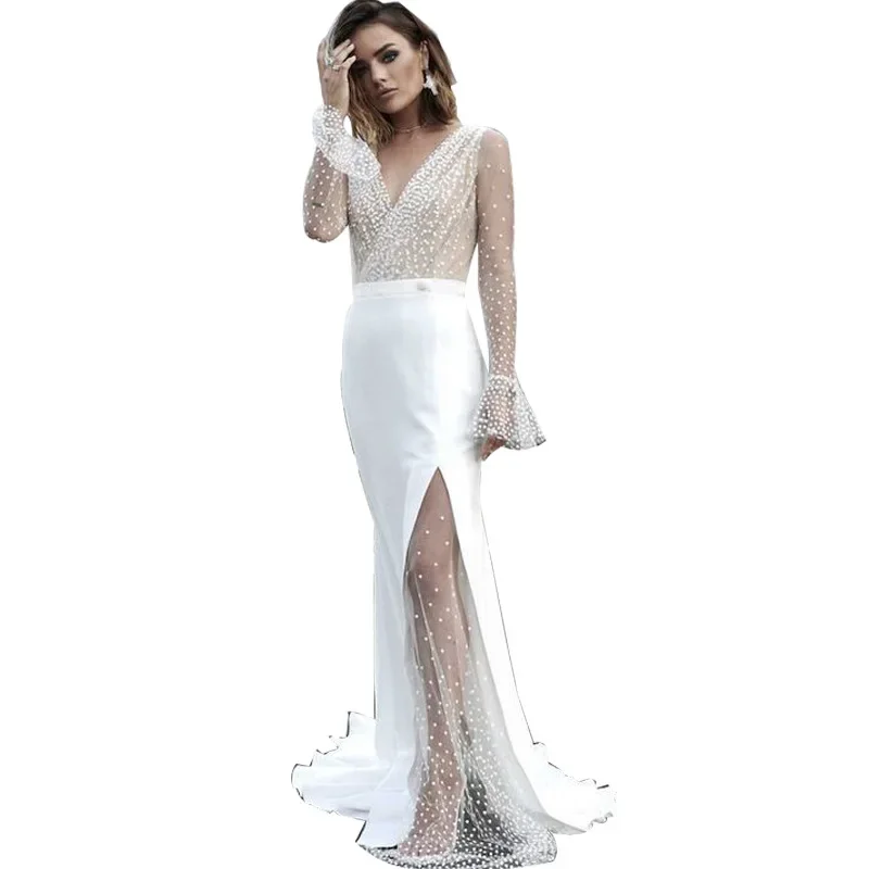 Robe de mariée sexy à col en V pour femmes, manches longues, robe de soirée mince, mode de vacances, été, 2024