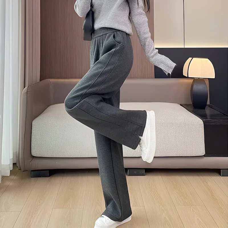 بنطلون نسائي من الصوف واسع الساق مبطن بالصوف سميك عالي الخصر، بنطال مستقيم الساق على طراز الخريف والشتاء