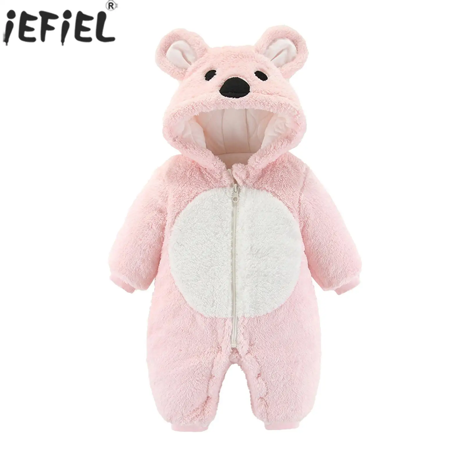 Baby Cute Bear Winter Warmer Hooded Romper Long Sleeve Zipper Casual Plush Jumpsuit Loungewear Outdoor Wear Photography Clothes