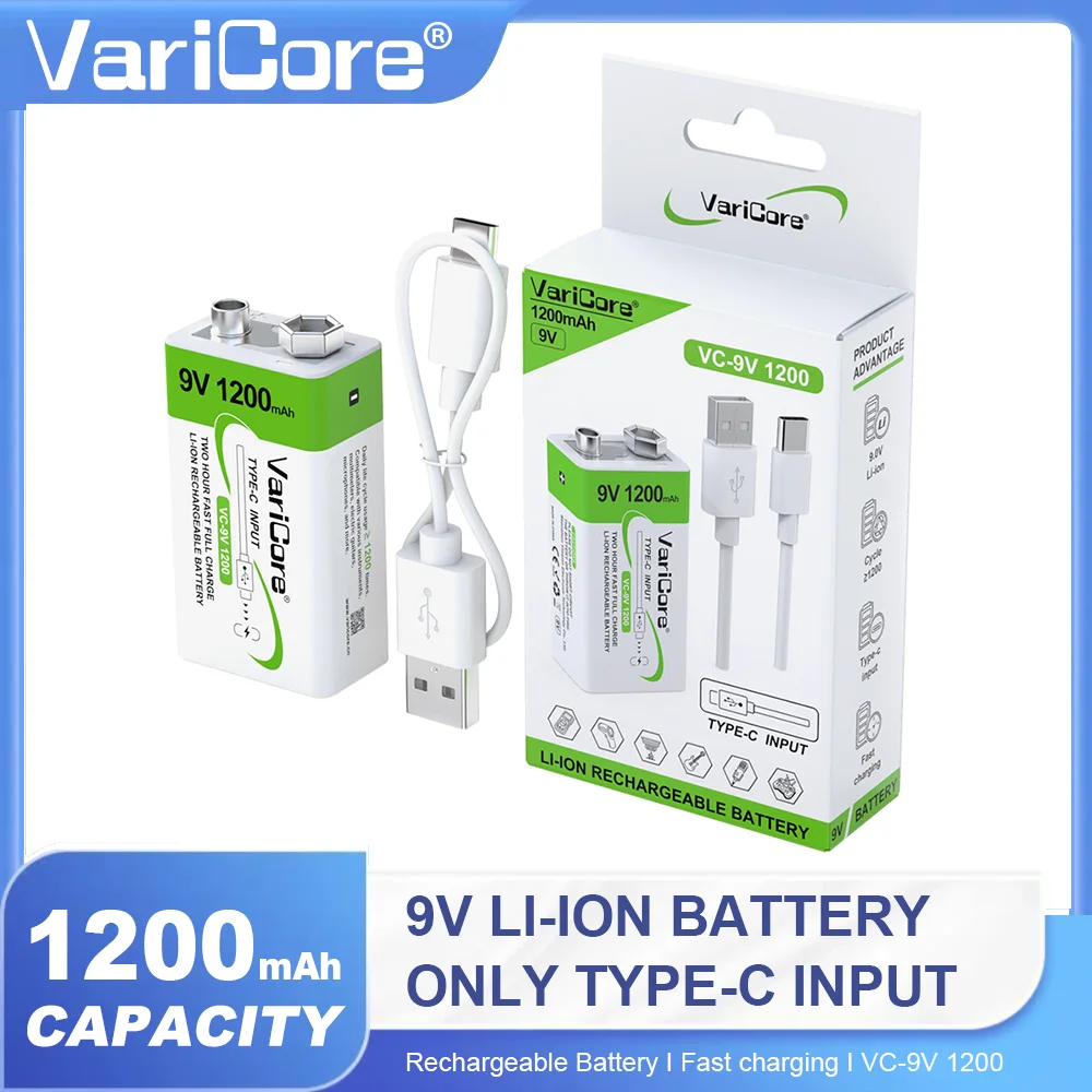 VariCore 1200mAh 9V 리튬 이온 배터리 6F22 9V 충전식 배터리 USB 마이크 멀티 미터 RC 장난감 온도 총